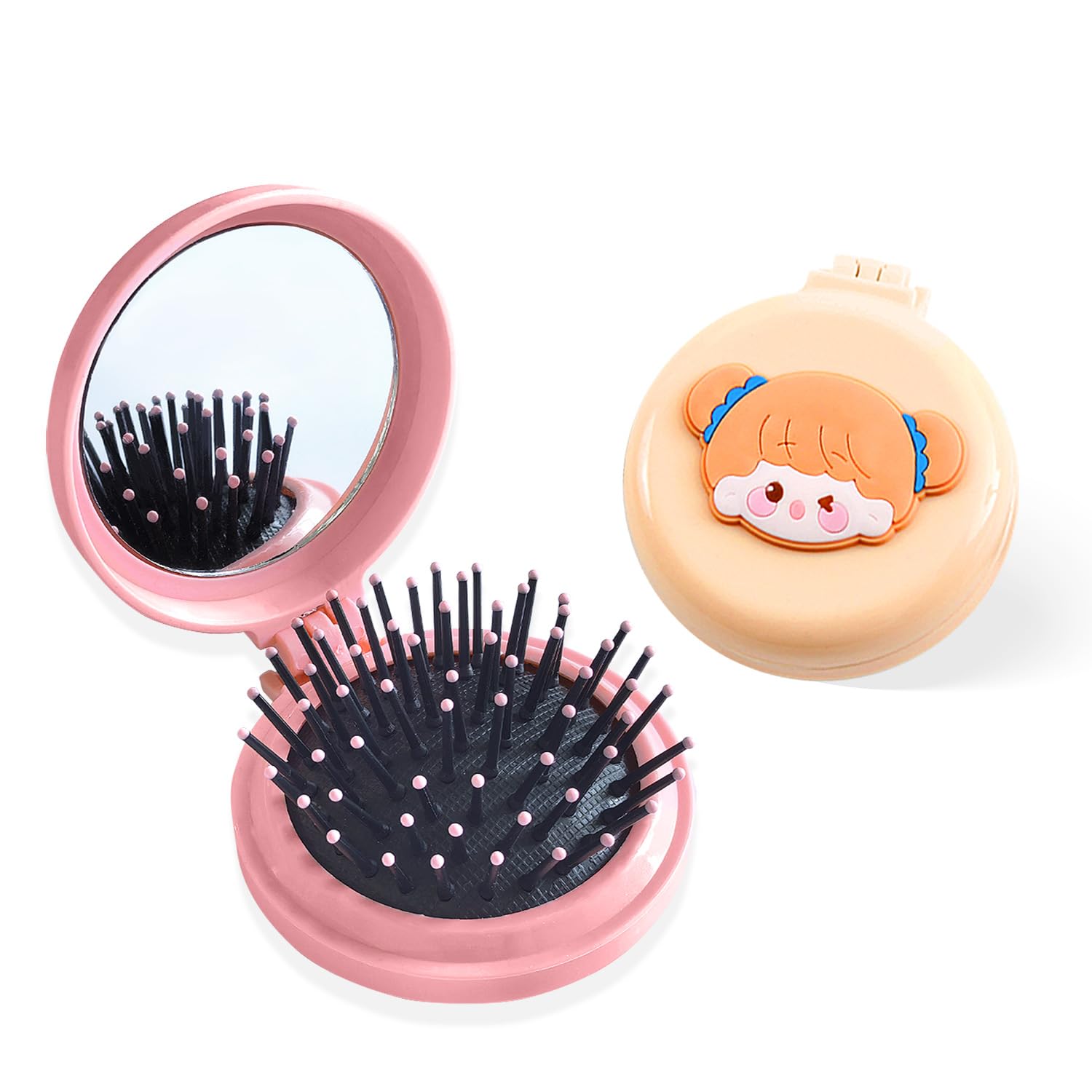 BOROLA 2PCS Mini Folding Hair Brush with Mirror for Women, Portable 2-in-1 Air Cushion Comb, Cute Cartoon Massage Brushes for Travel, Girls Compact