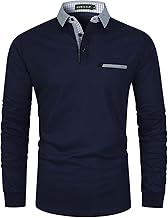 Men's Long Sleeve Polo Shirt with Denim Collar with Pocket Slim Cotton Work Polo Golf Rugby Tee Shirt