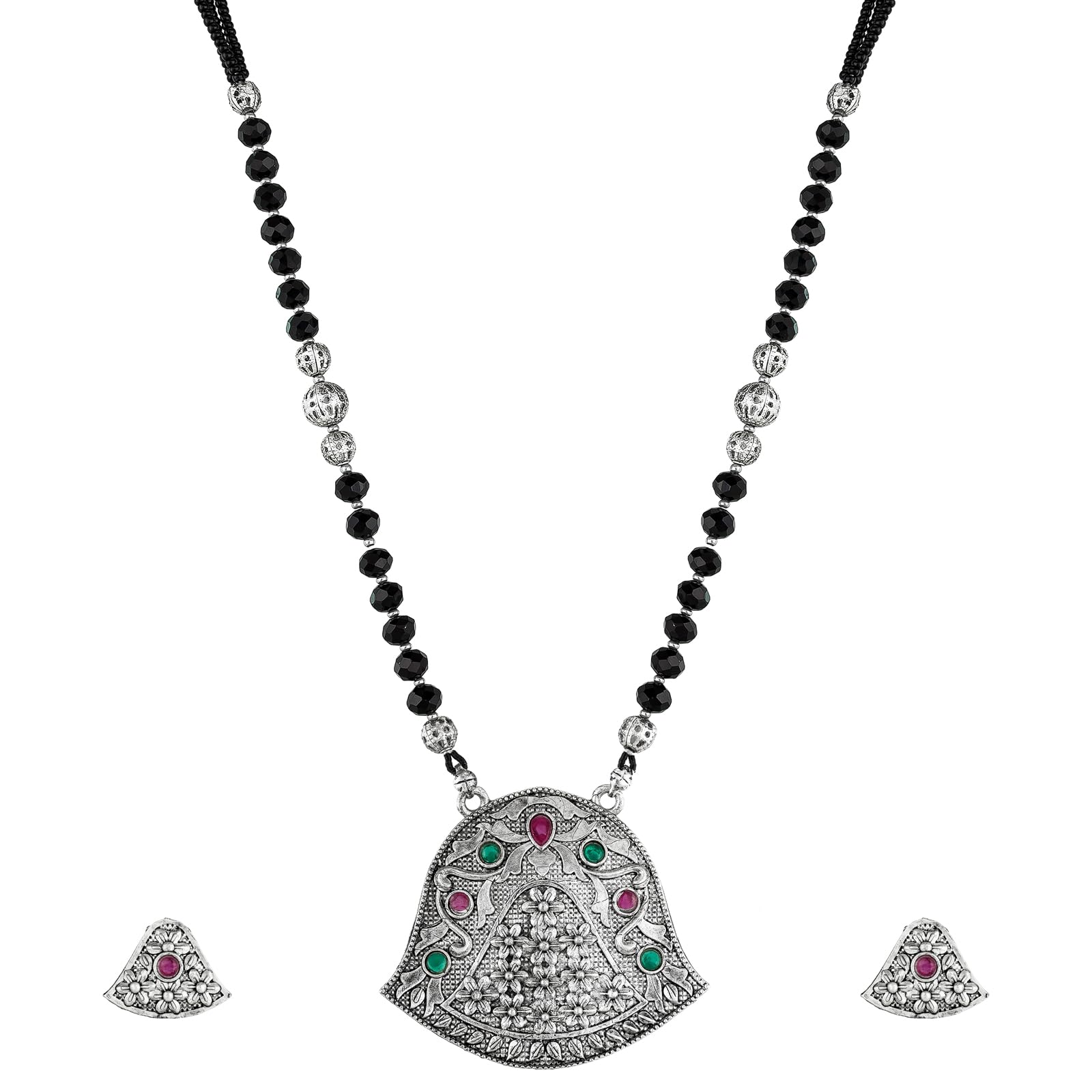 Aadita Oxidized Silver Toned and Black Stone Studded Tribal Mangalsutra For Women With Earrings - MS2778-image-44