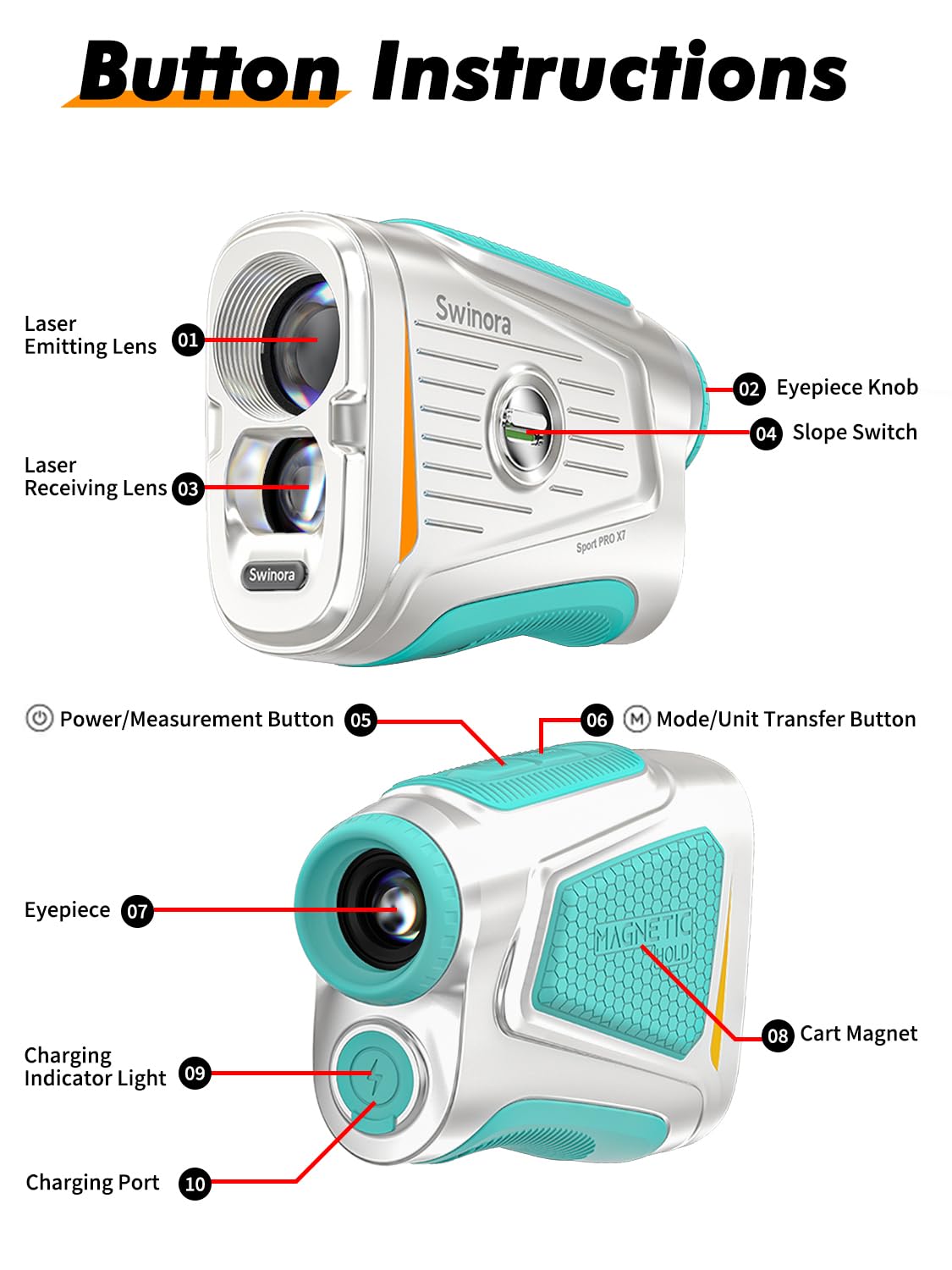 Télémètre de golf magnétique avec pente - Grossissement 7X - Télémètre laser 1200Y pour tous les niveaux - Verrouillage rapide du drapeau - Vibration rechargeable - Étanche - Accessoires de golf pour