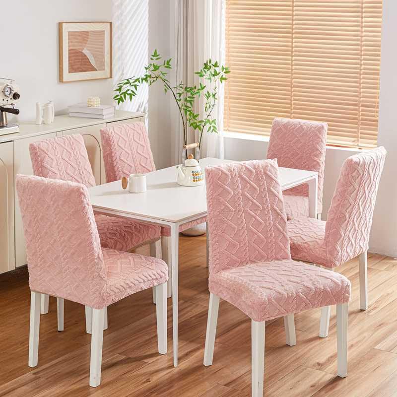 Image of HOMETHREADS Elastic Jacquard Chair Cover-Stretch Fit, Removable & Washable Short Dining Chair Seat Protector - 400gsm Soft & Wrinkle-Resistant Slipcover for Home, Kitchen, Banquet (Pink, Pack of 8)