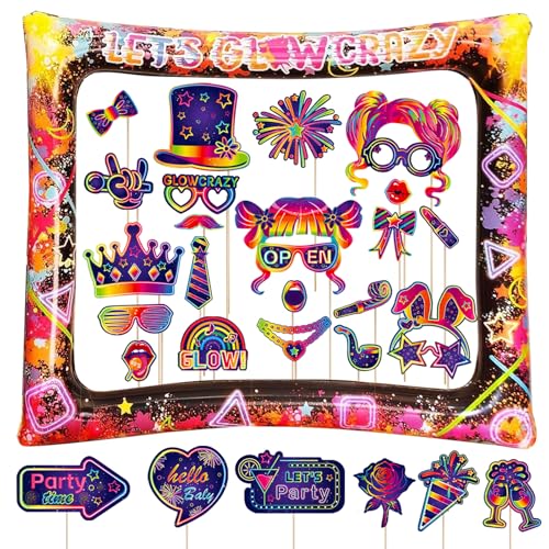 TYXHXTF 31 Piezas Foto Props de Fiesta, Marco Selfie Inflable, Neón DIY Photo Booth Props con Palo, Glow Photocall Accesorios, para Fiesta Cumpleaños Mascarada Disco