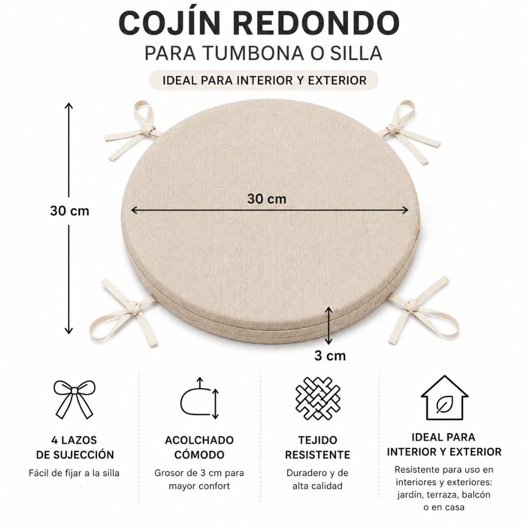 PIND Cojines Redondos para Silla 30x30x3cm - Relleno de Espuma Confort - Funda con Cremallera Lavable - 4 Lazos de Sujeción - Ideal para Cocina, Jardín y Taburetes. (4, Lino)