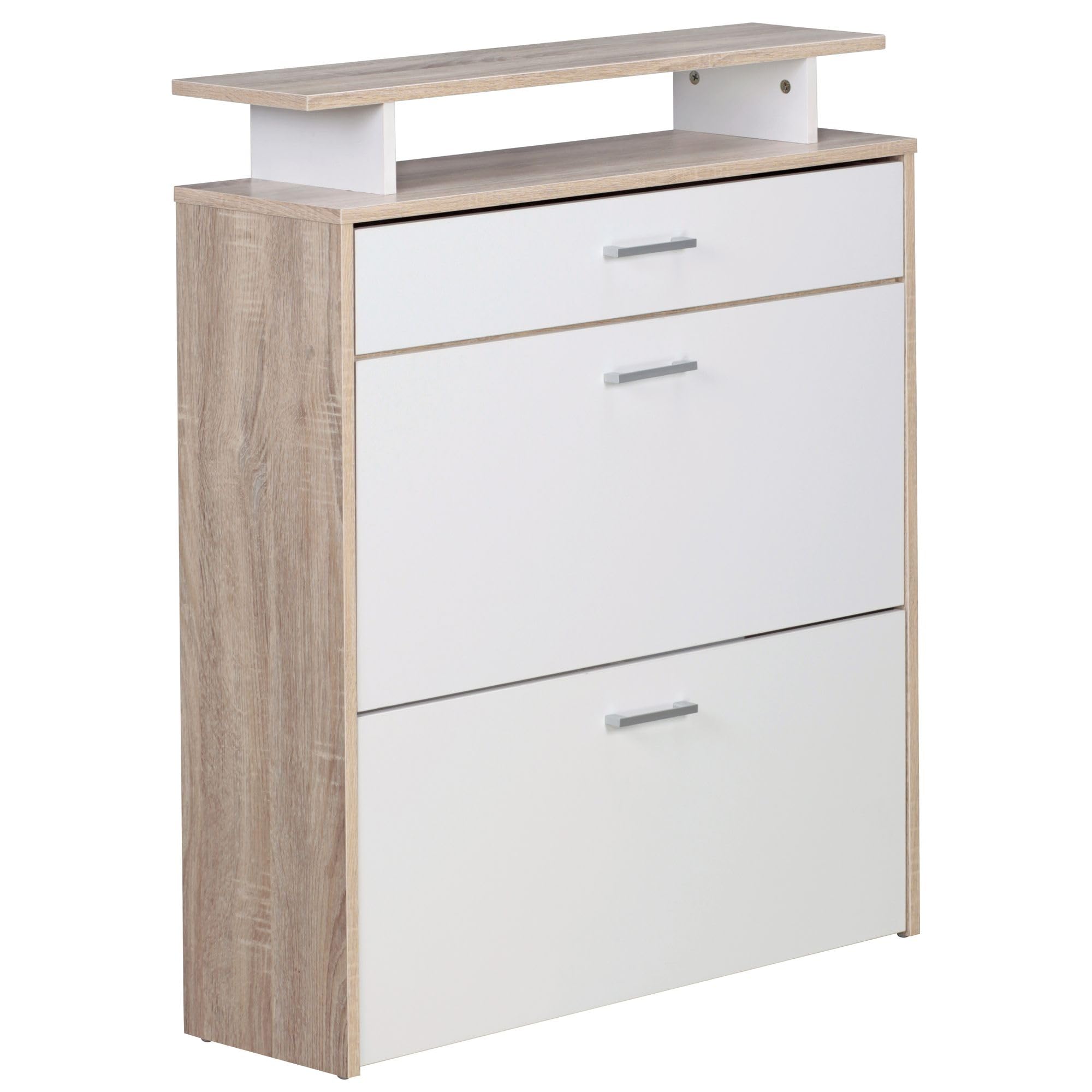 FineBuy Schuhkipper Aus Holz – Moderner Schuhschrank In Sonoma Eiche/Weiß, 80x95x24 Cm, Mit Schublade & Kippfächern