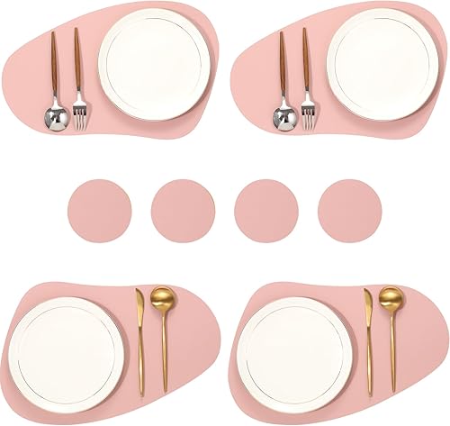 Miniatura 10 de Juego de 8 manteles individuales de piel sintética, resistentes a las manchas, resistentes al calor, fáciles de limpiar, impermeables, lavables,