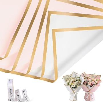 wlertcop 20 Sheets Flower Bouquet Wrapping Paper,Waterproof Flower Wrapping Paper,Flowers Gift Wrapping Papers with Rolls Ribbons for DIY Crafts,Flowers Shop Bouquet PackagingPinkWhite