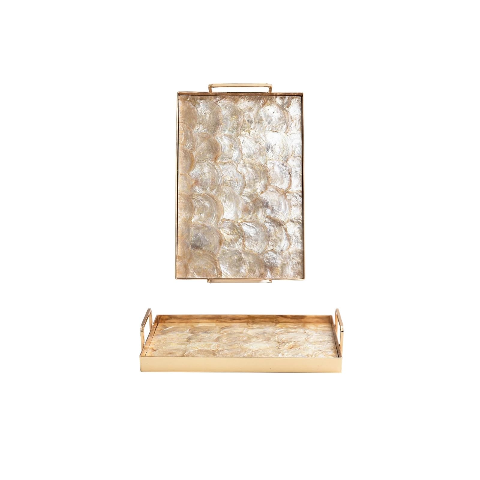 Serving Tray with Handles, Natural Shells Rectangular Serving Platter for Coffee Table, Decorative Storage Tray(A)