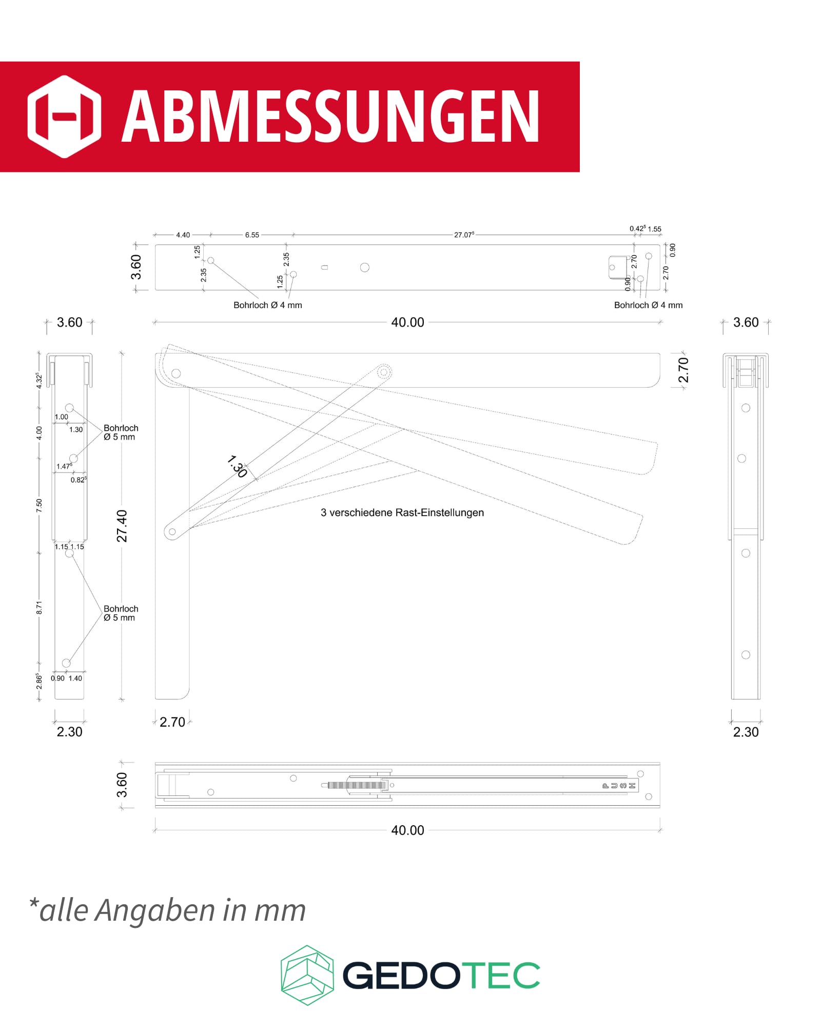 gedotec Consola plegable soporte plegable Bisagra De Solapa Línea Profesional Acero Inoxidable 2 Größen capacidad de Carga 180kg calidad de marca PARA SU SALA DE ESTAR