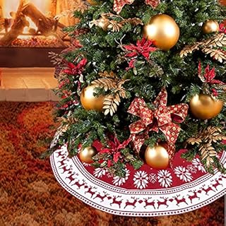 Red Christmas Tree Skirt Knitted Snowflak Elk Patterns Xmas Tree Skirt 35" Christmas Tree Skirt Mats Indoor Decorations For For Xmas Home Party Holiday Decorations (90 cm/35 in)
