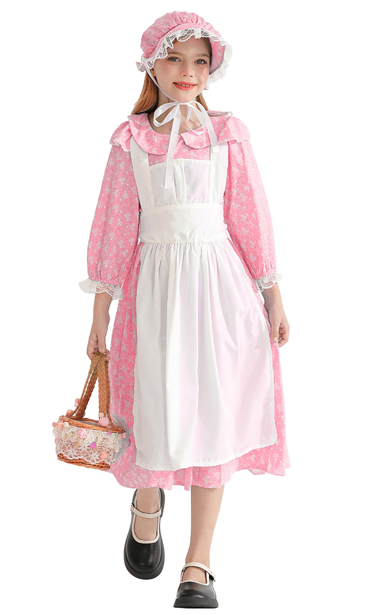 NEAWEALY Girl Halloween Maid Dress Kids Victorian Maid Costume Pioneer Outfit Colonial Prairie Dress Pink 5-6Y
