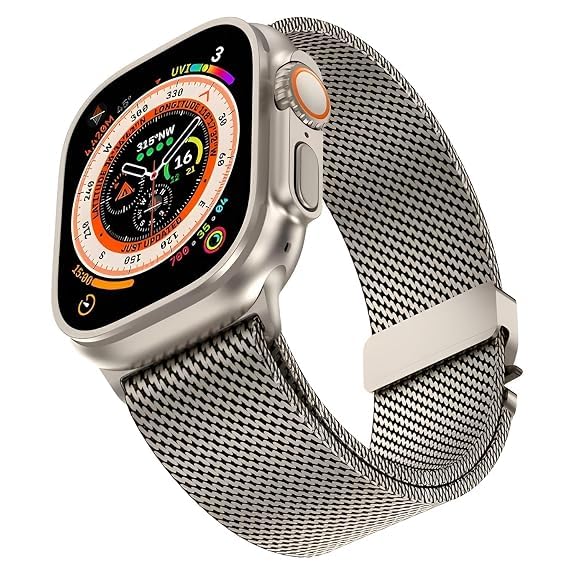Image of GETSABLE Stainless Steel Mesh Loop Strap with Parachute-Style Buckle Compatible with iwatch Ultra 3 /2 /1 Band 49mm, Series 11 /10 46mm, 9 /8 /7 45mm, SE2 /SE /6 /5 /4 44mm (Natural Titanium)