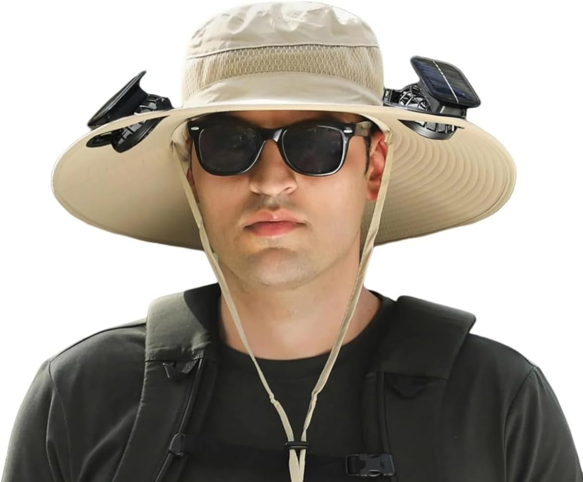 Wide Brim Solar Fan Hat, with 2 Solar Fan USB & Solar Hat Outdoor Sun Hat for Men and Women Perfect for Outdoor Fishing Camping Enthusiasts Khaki