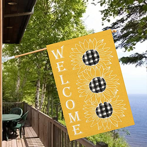 Easternproject Welcome Sunflower House Flag For Outside 28X40 Inch Spring Summer Yellow Flower With Black White Buffalo Plaid Farmhouse Decorations Yard Flag Double Sided Burlap Outdoor Flags #TOP1