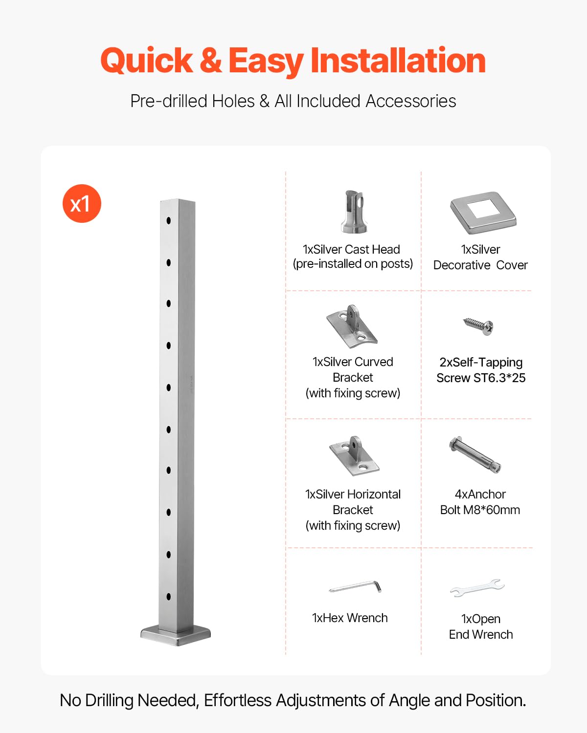 VEVOR Ringhiera per Recinzione da Balcone 914x100x100 mm da Giardino Balcone Ponte in Acciaio Inox, Kit di Palo per Balaustrata da Terrazza, Argento, 1JZLGZXYS91466KZK001V0