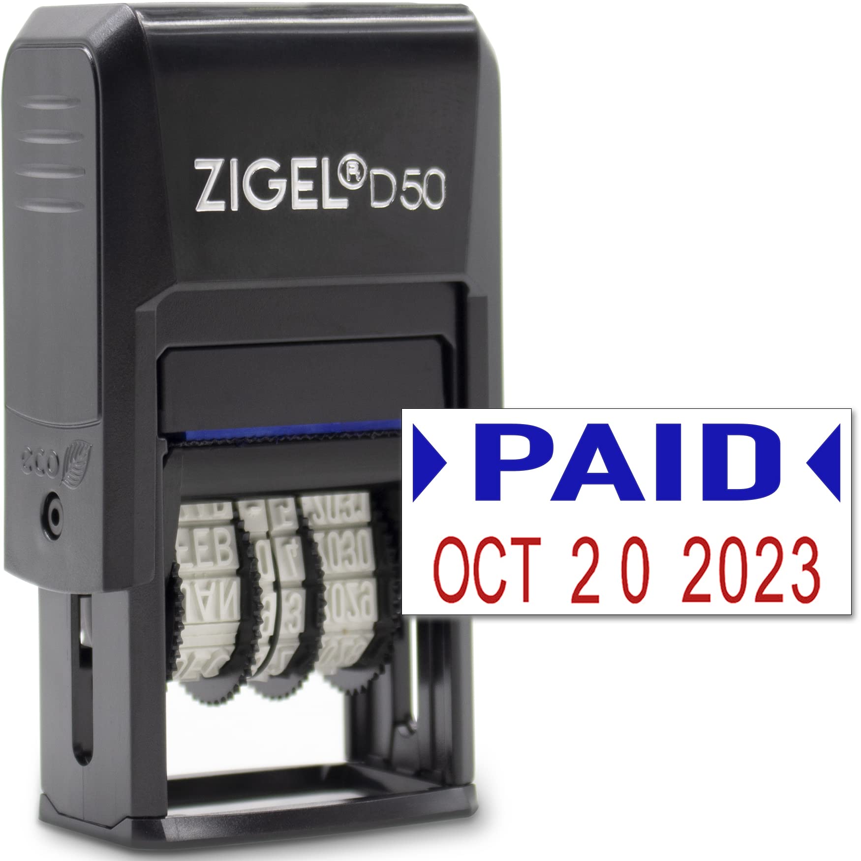 Zigel - Timbro con data autoinchiostrante, colore: Blu/Rosso PAID