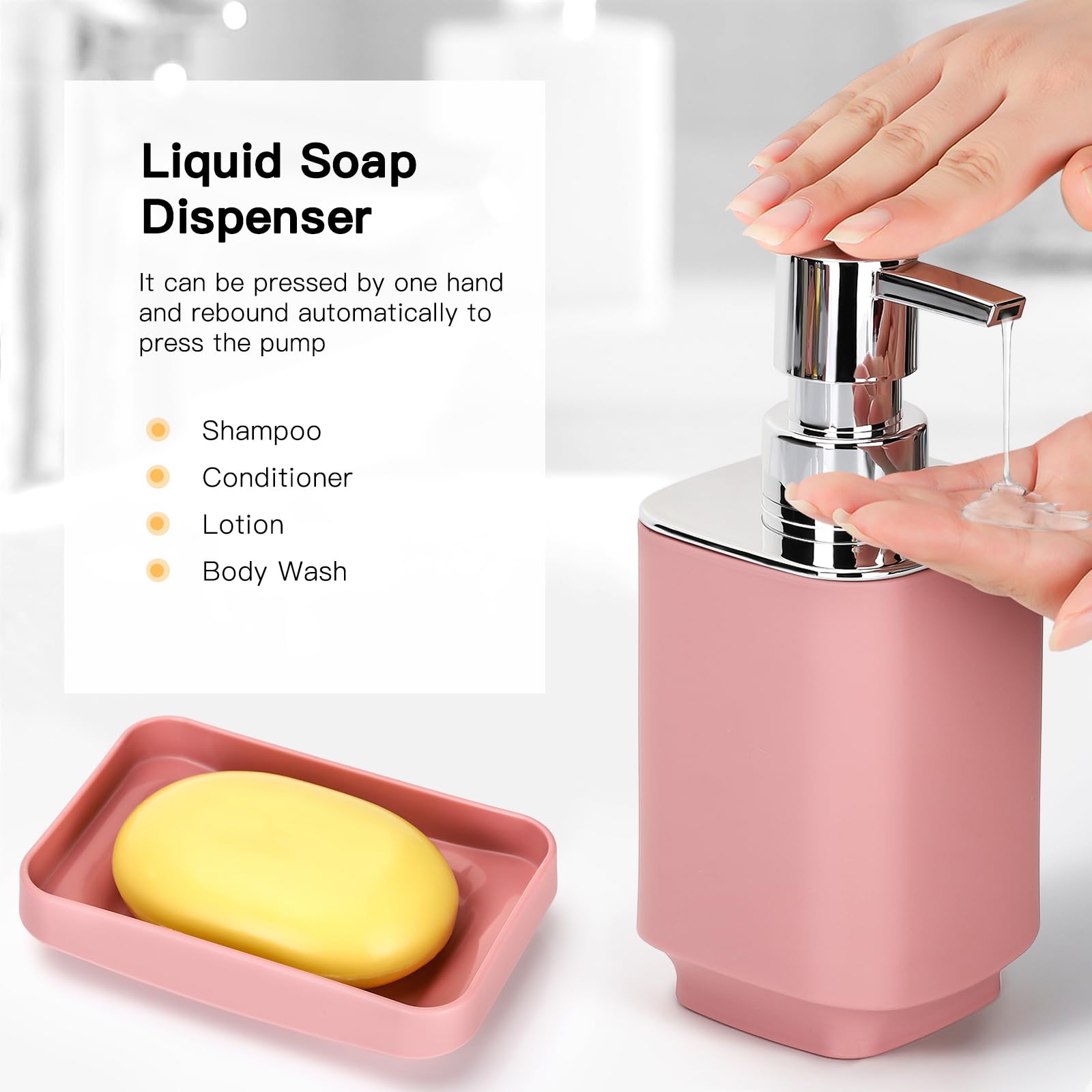 JOTOM Set di 6 accessori da bagno in plastica di lusso con pattumiera, scopino per WC, porta spazzolino, bicchiere, portasapone e dispenser di sapone (rosa)