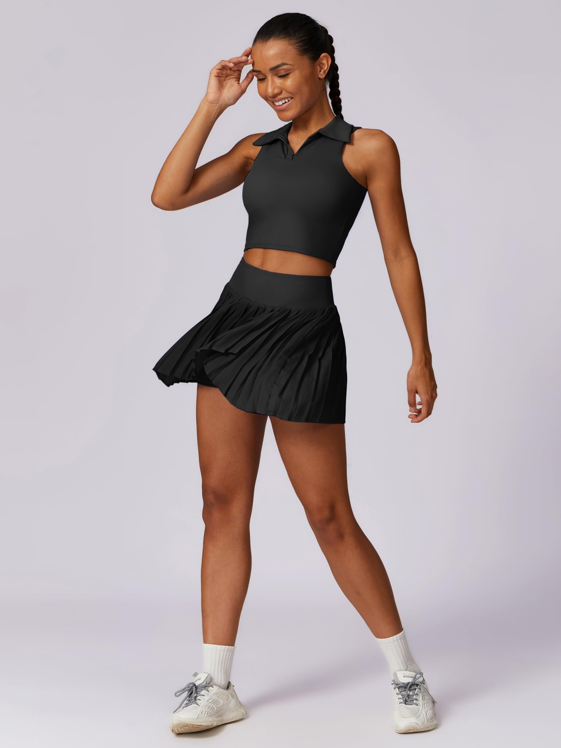 ABEHIK Robe de tennis 2 pièces pour femme - Sans manches - Dos nageur - Rembourrée - Taille haute - Jupe de tennis plissée - Tenue d'entraînement de golf