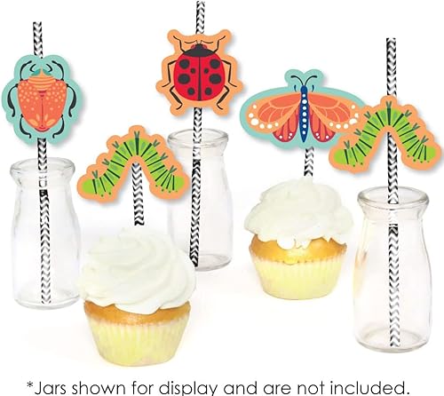 Miniatura 5 de Big Dot of Happiness Buggin' Out - Pajitas decorativas de papel a rayas para fiesta de cumpleaños de insectos, juego de 24