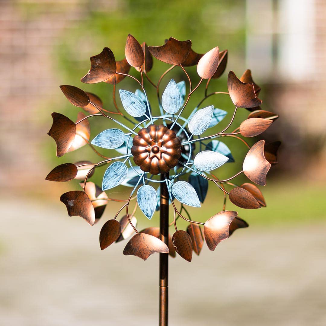 Windspiel Metall - inkl. Bodenanker, Zwei Rotoren für 3D-Optik, mit oder ohne LED in Glaskugel, hochwertige Bunte magische Windspiele für den Garten draußen stehend (Copper Leaf Duett)