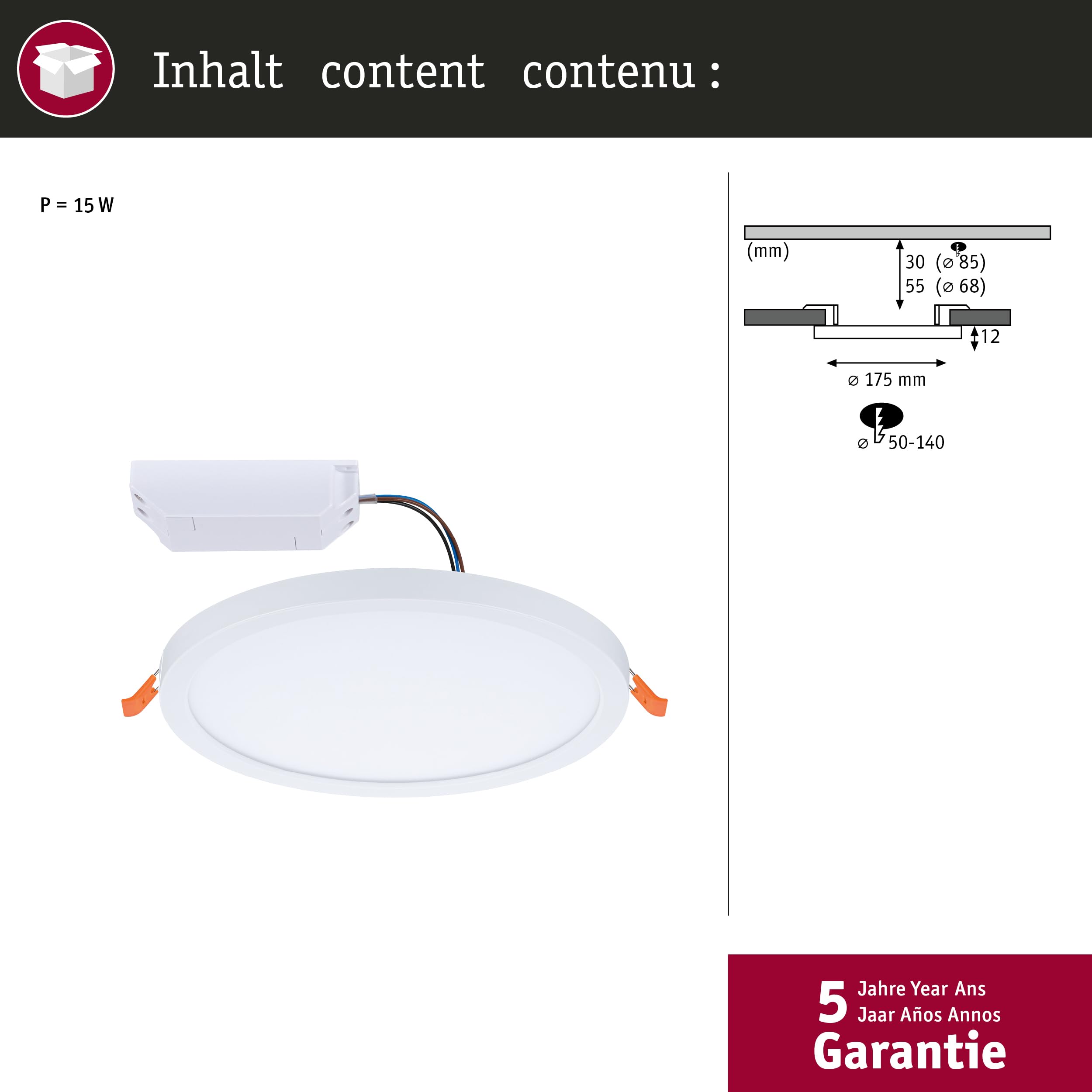 Paulmann 93043 panel LED opr. wpuszczana Areo VariFit IP44 ZigBee Tunable White 175mm okrągła w kompl. lampa sufitowa biała 1x13 W tw. sztuczne 3000 K