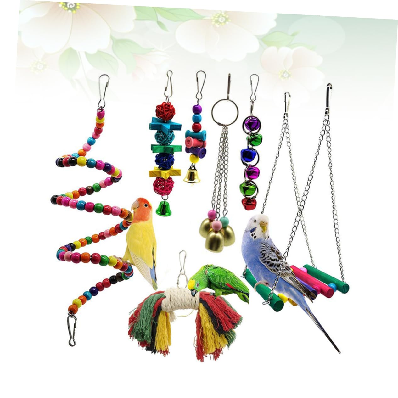 FRCOLOR Columpio de juguete para animales, 21 piezas, columpio de madera, suministros para loro, columpio, juguetes para jaulas de pájaros, juguetes para mascotas, ajuste giratorio de madera de bambú