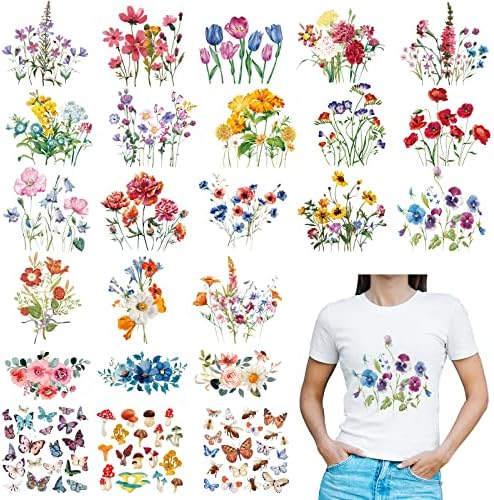 Kisston 24 Pcs Wild Flower Iron on Patches for Clothing Colorful Spring Summer Flowers Heat Transfer Stickers Decals Washable Iron on Transfers for T Shirts Appliques for Clothes DIY Pillows