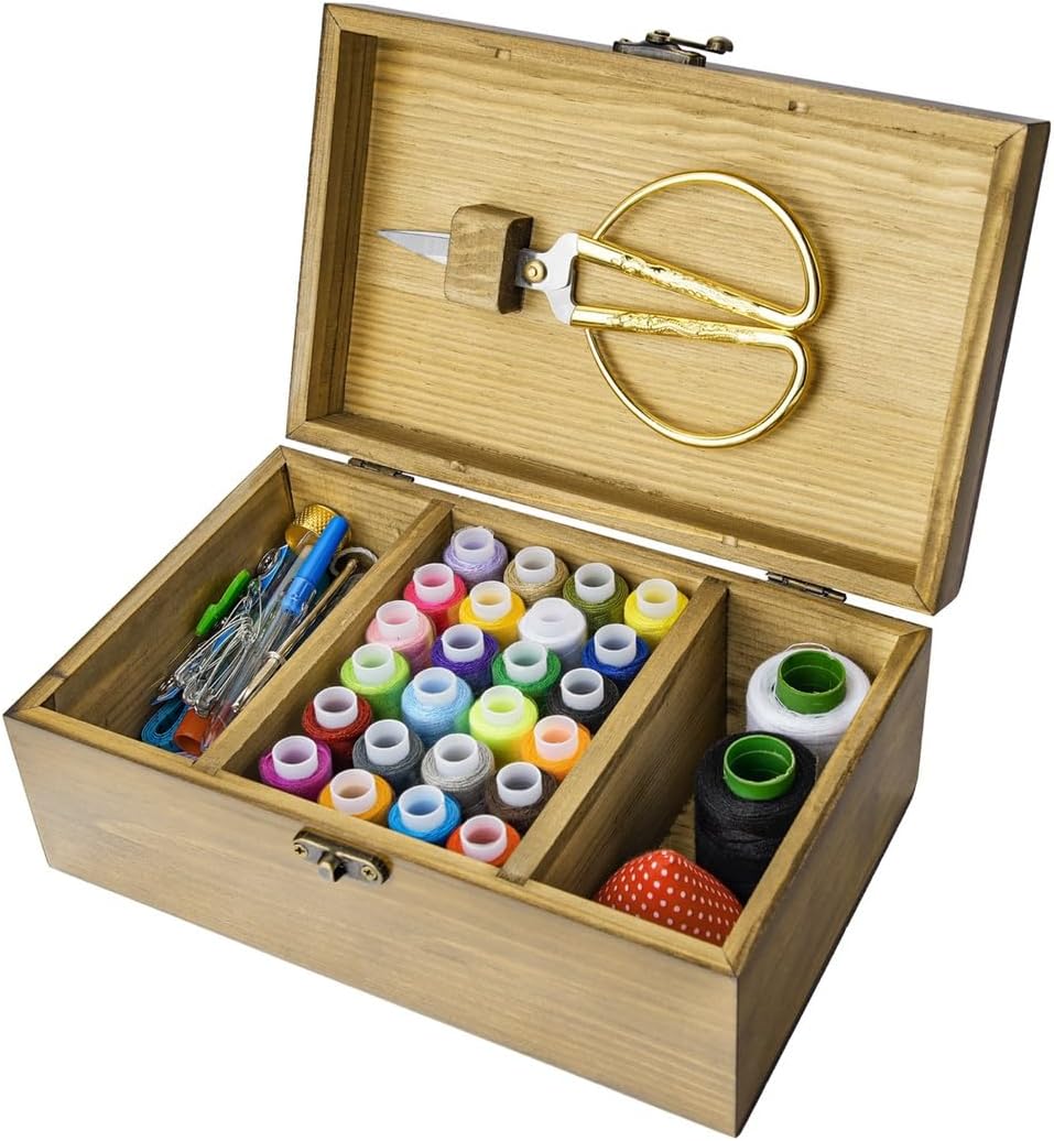 Professional Sewing Tool Kit - Complete Needle Thread Supply Set with Wooden Storage Box