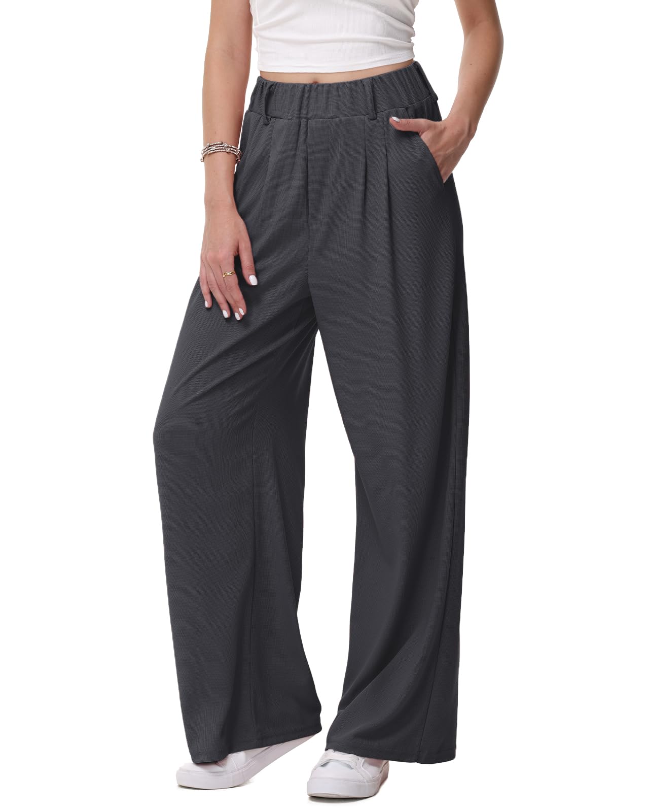 HMIYA Weite Hosen Damen-Bügelfreie Lässig Leichte Stoffhose Locker Palazzo Hose Hohe Taille Sommer Freizeithose mit Tasche