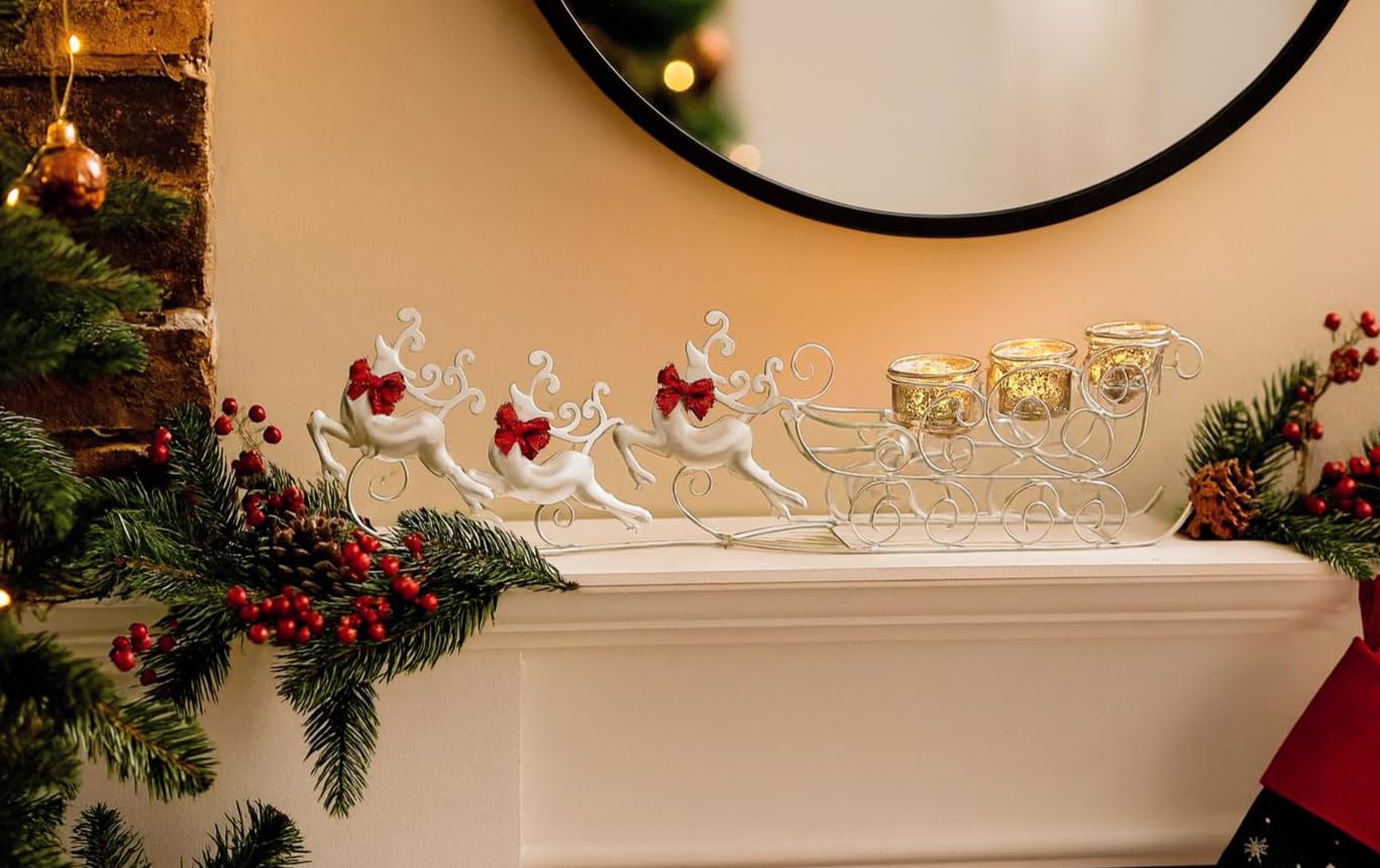 Marco Paul Silver Sleigh Reindeer Xmas Decoration Glass Tealight Holder - Christmas Table Centrepiece - Tea Light Candle Holders Tea Light & Votive Candle Holders - Stag Christmas Table Decoration