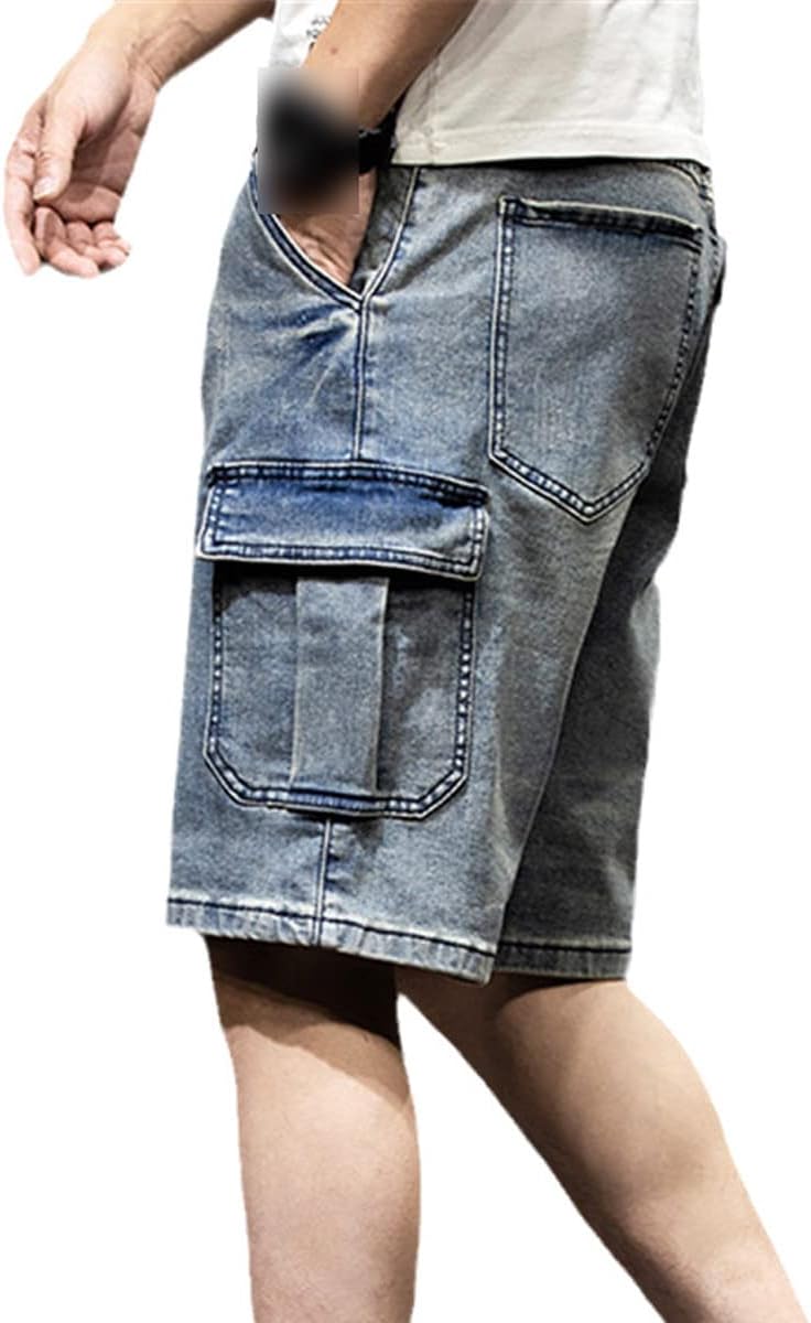 Kelsiop Men's Denim Shorts Workwear Multi Pocket Loose Five Points Jeans Denim Shorts Plus Size