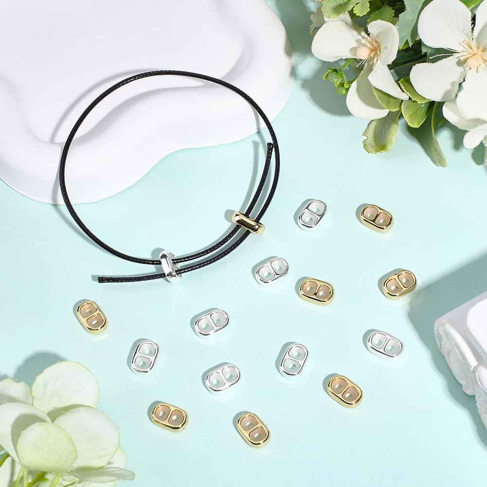 16Pcs Double Hole Silicone Slider Beads 2 Colors 18K Gold and 925 Sterling Silver Plated Brass Stopper Beads Adjustable Oval Spacer Bead for Earrings Bracelet Necklaces DIY Crafting - Image 4