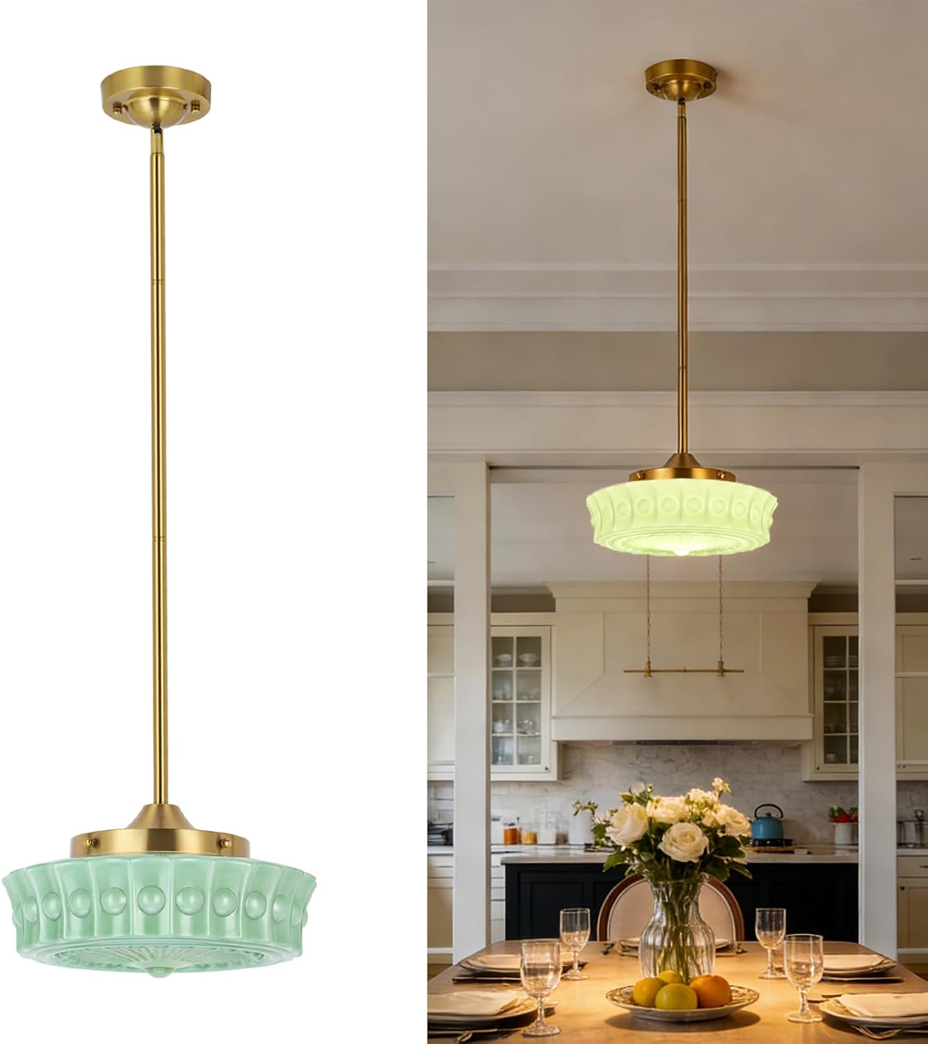 Sage Green Milk Glass Pendant Light, Art Deco Schoolhouse-Inspired Crown Glass Hanging Light with Antique Brass Finish, Adjustable Ceiling Pendant for Kitchen Island, Dining Room, Entryway