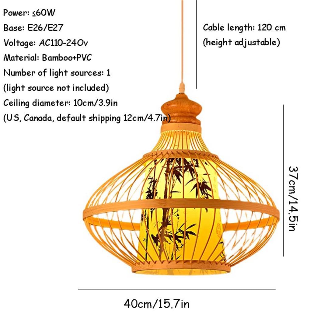 Luces colgantes de restaurante chino, pantalla grande de bambú, estilo bohemio, tejida a mano, de mimbre sintético, pergamino, casquillo E26, para comedor, sala de té, cafetería y dormitorio principal
