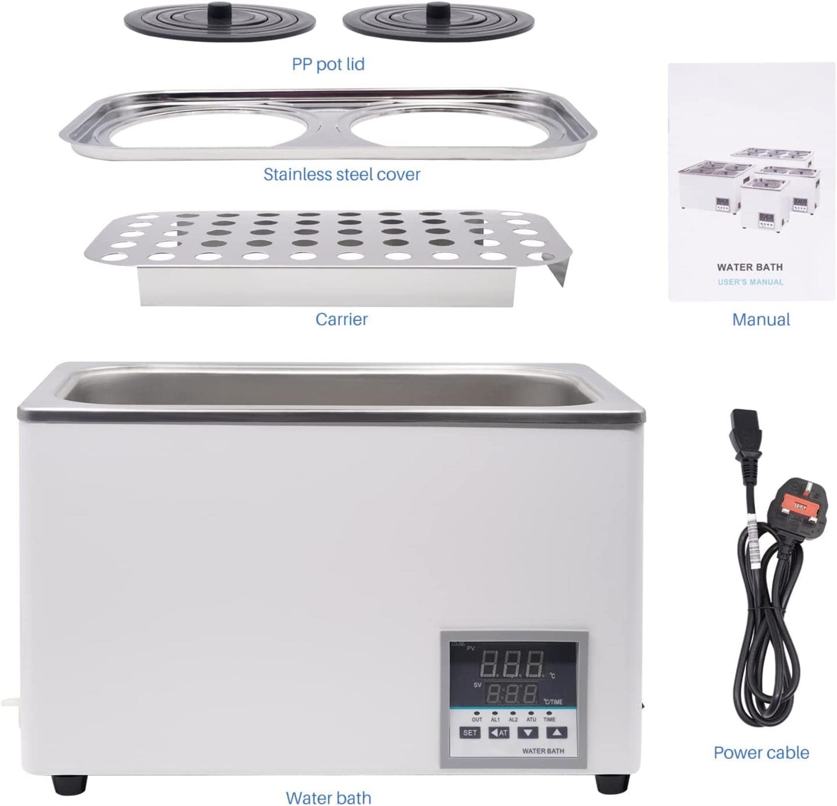 Baño María de Laboratorio con Pantalla Digital eléctrica de 600 W, 2 Aberturas, Interior de Acero Inoxidable, antisecado, Ideal para destilación, Secado y concentración.