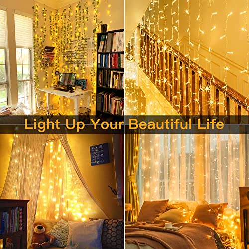 Ollny Curtain Lights For Bedroom Warm White 300 Led 9.8Ftx9.8Ft, Remote Usb Powered 8 Lighting Modes Timer Waterproof Hanging Lights Indoor Outdoor For Christmas Wedding Party Patio Decorations #TOP2