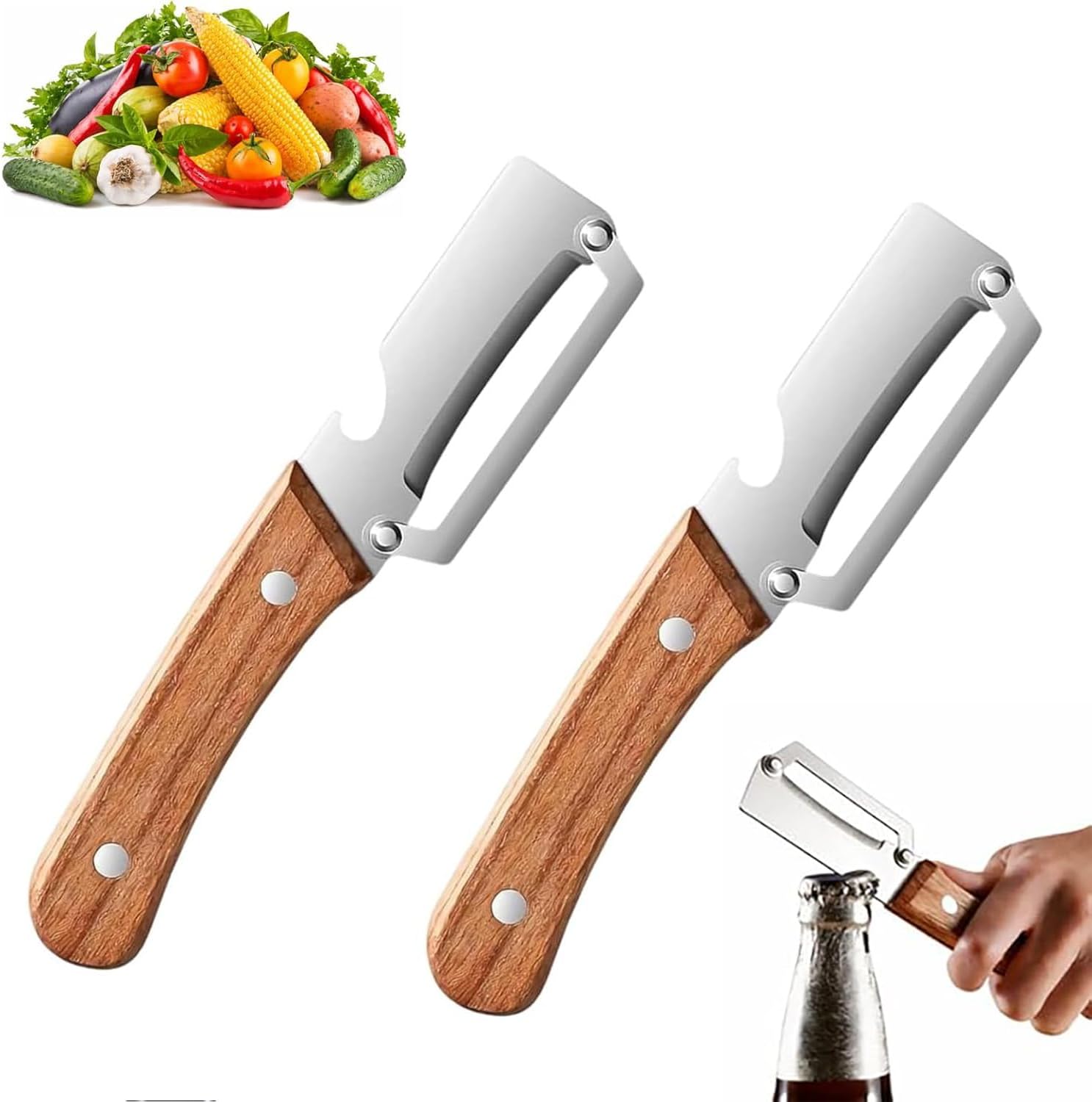 2026 New Zero Snag Wooden Peeler, Multi-Functional Vegetable Peeler for Kitchen, 2-in-1 Multifunctional Peeler with Bottle Opener, for Apple, Potato, Pumpkin, Papaya (2Pcs)