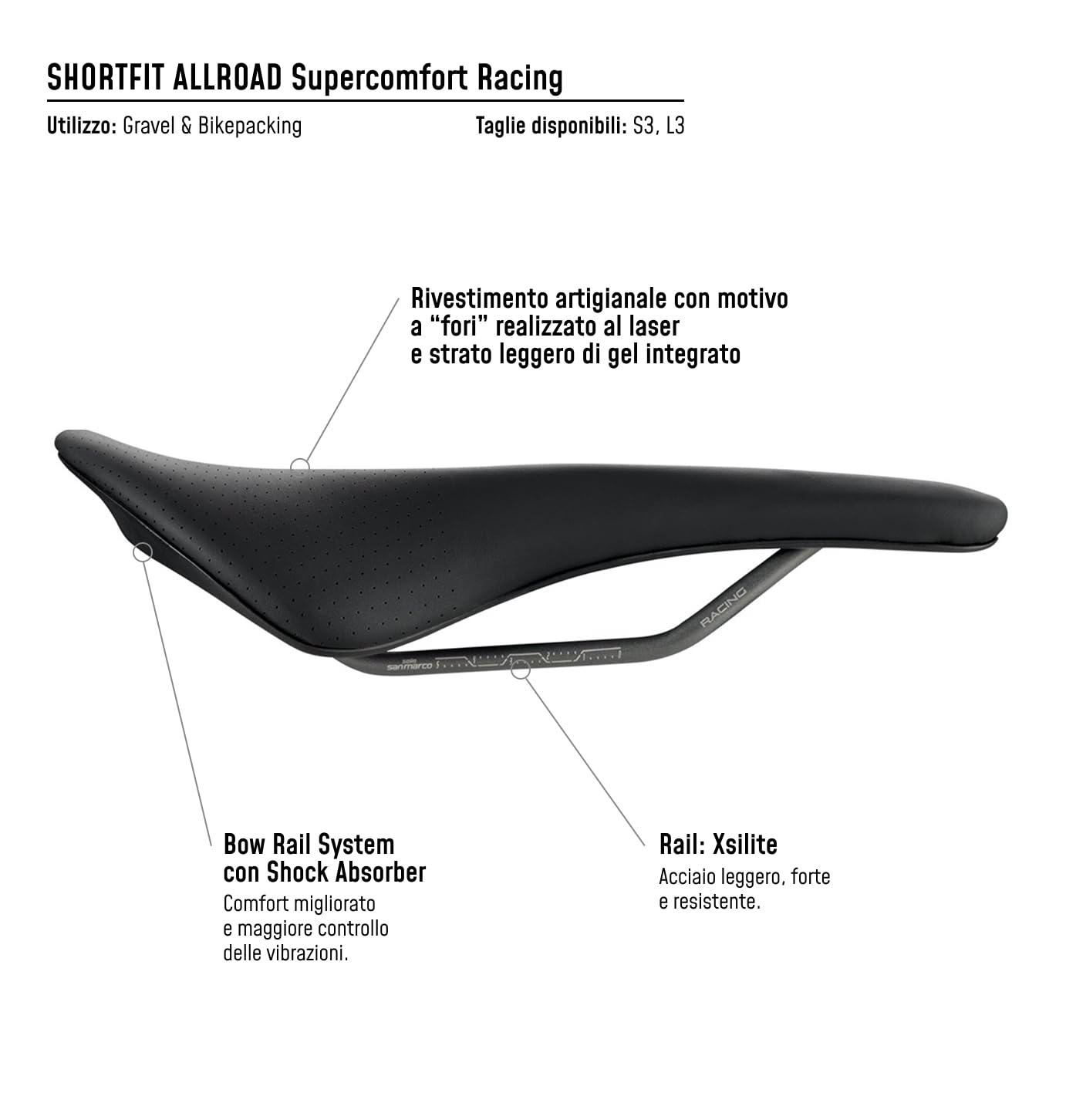 Selle San Marco SHORTFIT ALLROAD Supercomfort Racing - Sella Gravel e All-Road, Comfort con Gel Integrato, Binari Xsilite