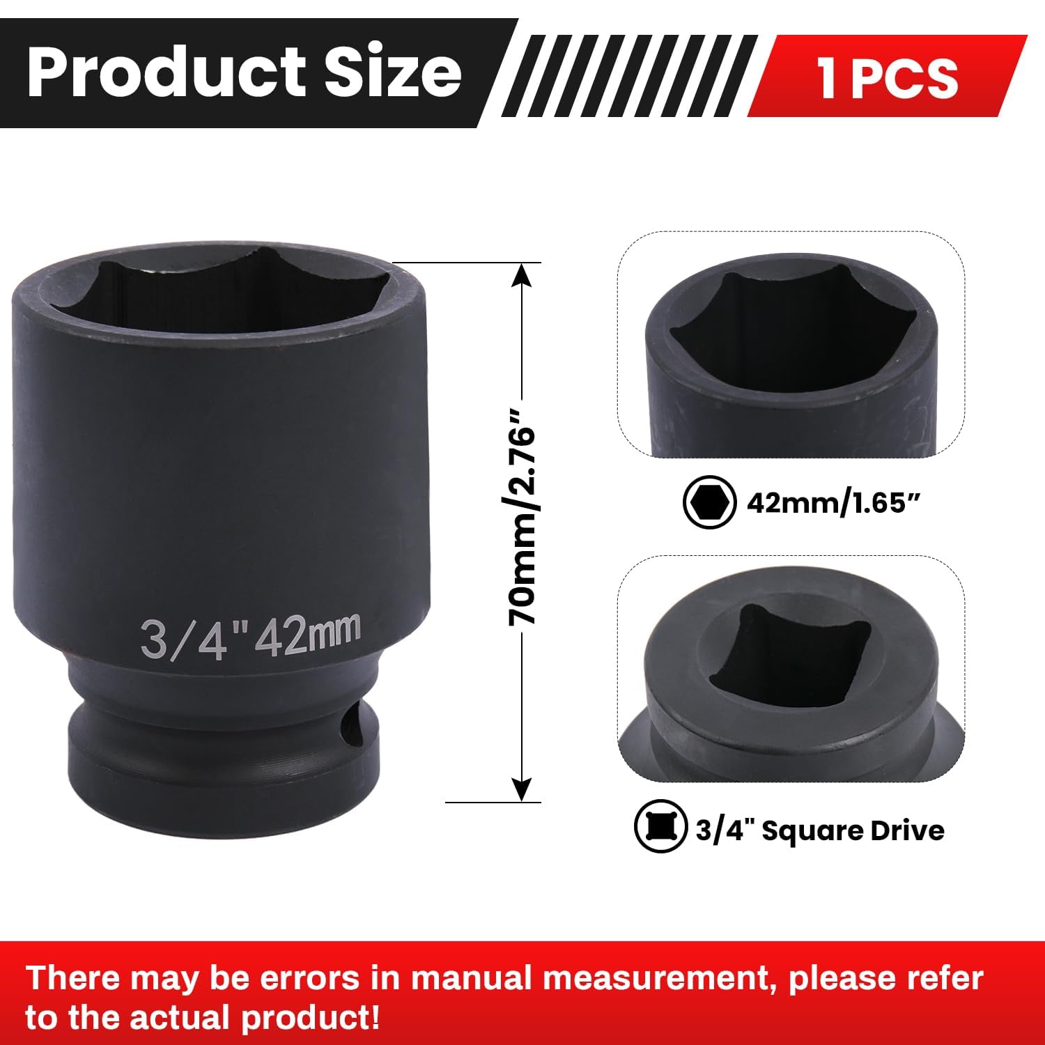 Deep 6-Point Impact Socket 3/4" Drive 42mm,Chrome Molybdenum Steel, Anti-Rust Metric Hex Socket for Car Repairs and Impact Wrench - Image 2
