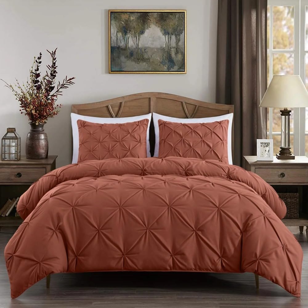 TRP 3 Piece Luxury Lightweight Pinch Pleated Pintuck Fluffy Comforter King Size | Terracotta Color All Seasons Aesthetic Bedding Soft Plush Texture Warm Cozy Feel