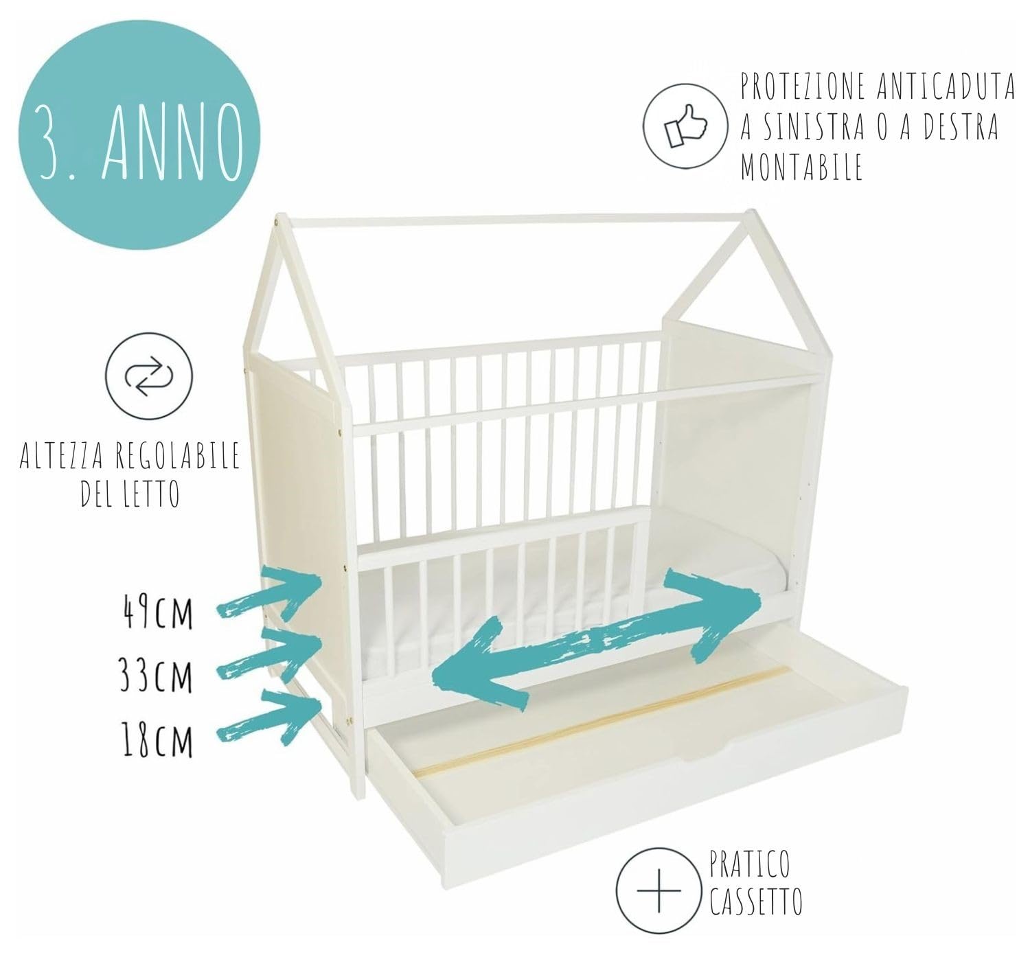 Lettino per bambini Letto per bambini 60x120 cm con cassetto Lettino 120x60 cm bianco con cassetto, regolabile in altezza e trasformabile per bambini, bambine e ragazze dalla nascita a 3 anni