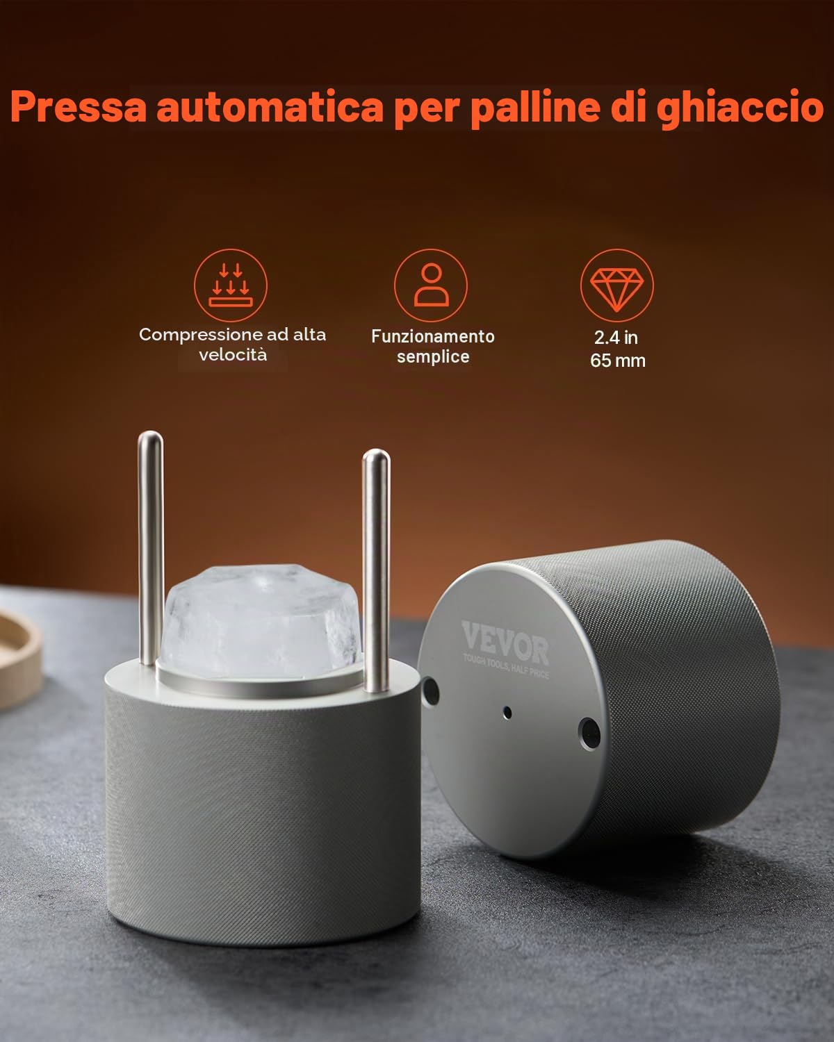 VEVOR Pressa per Cubetti di Ghiaccio 65mm, Stampo per Cubetti di Ghiaccio Rotondi in Alluminio Aeronautico, Pressa per Cubetti di Ghiaccio con Vassoio Antigoccia Pinze Bevande Cocktail Whisky Bar