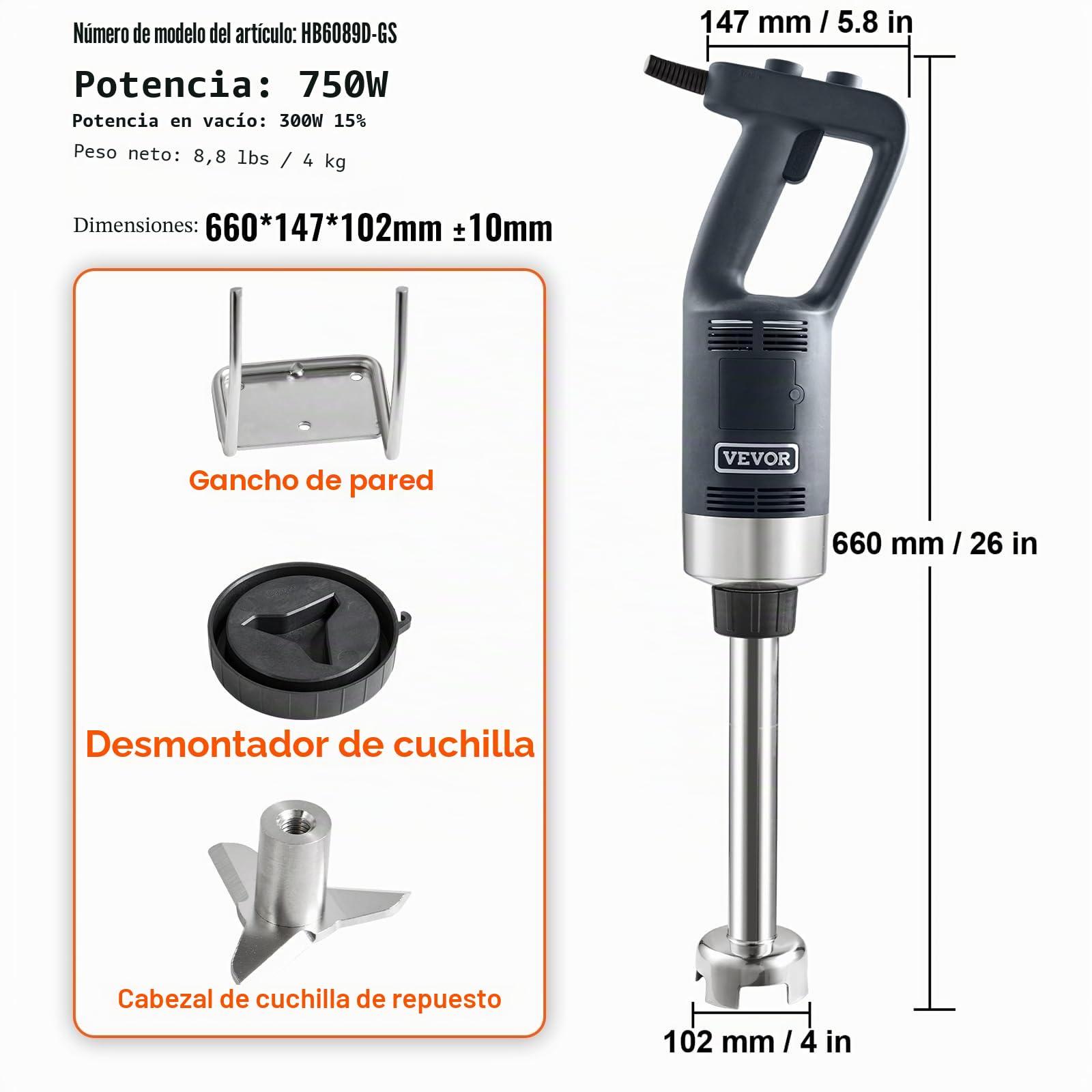 VEVOR Batidora de Mano 750 W 660 mm Licuadora de Inmersión Comercial de Alta Resistencia Velocidad Variable Hoja de Acero Inoxidable Batidora Portátil Versátil para Sopa Batido Puré Comida para Bebés