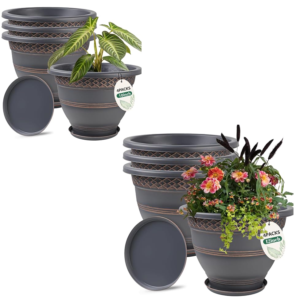 4 Pack 10 Inch and 4 Pack 12 Inch Plastic Planters with Drainage Holes and Saucer for Indoor Outdoor Plants.(One planter cracked)?