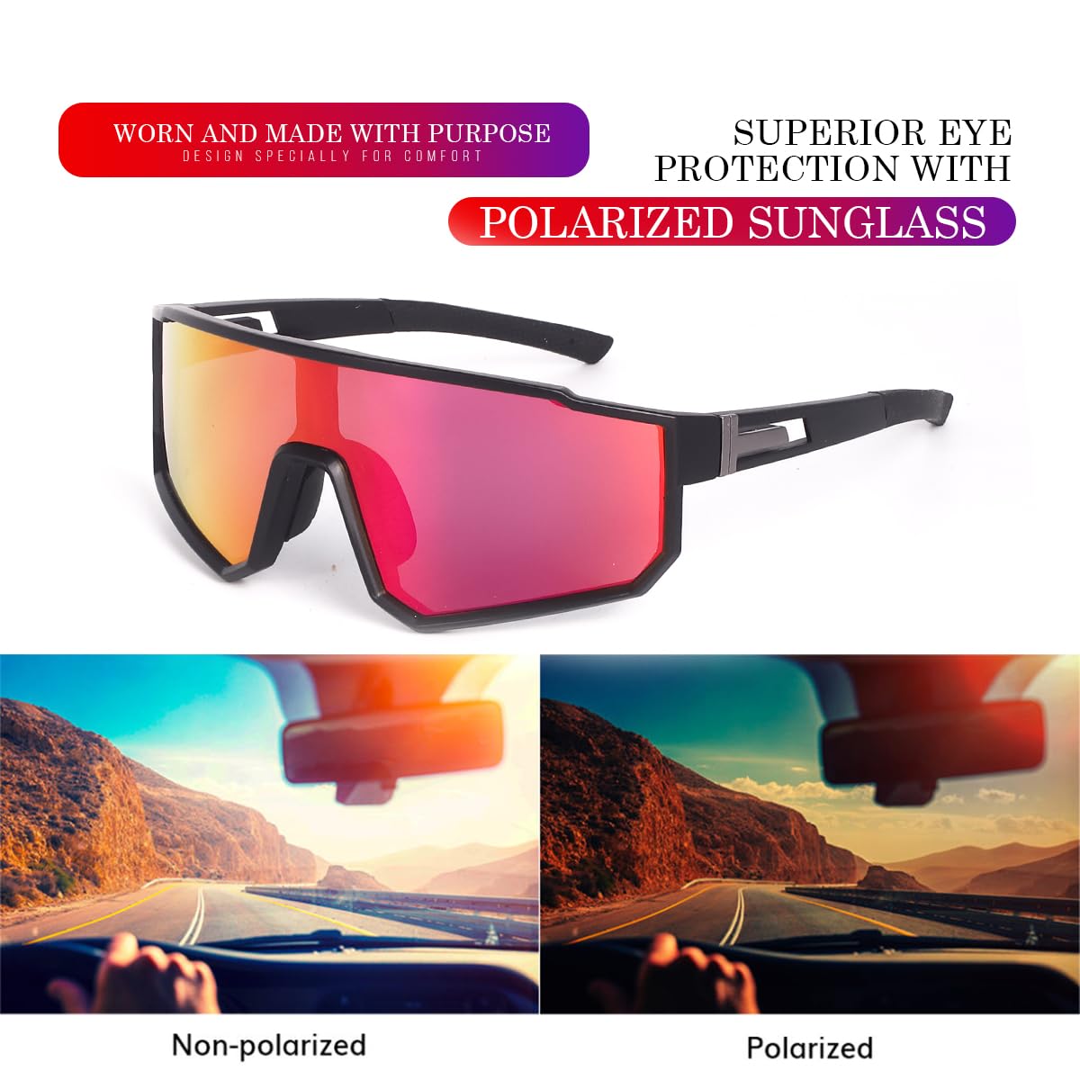Dervin Gafas de sol de una sola pieza, gran tamaño, gafas de sol polarizadas para hombre y mujer, al aire libre, cricket, ciclismo, senderismo, pesca