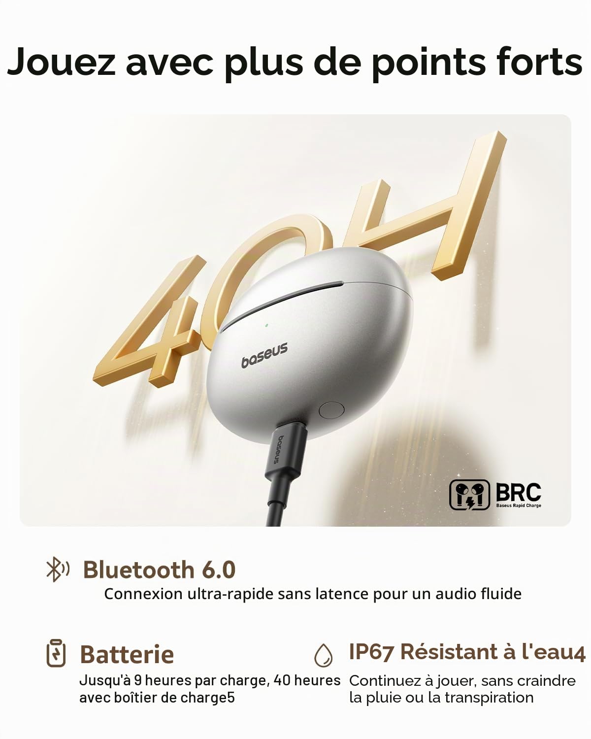 Baseus MC1 Pro Open Ear Écouteurs à clip pour oreilles avec un son impressionnant, amplification des basses adaptative, Bluetooth 6.0, annulation du bruit pendant les appels, IP67, batterie 40H, 5 g