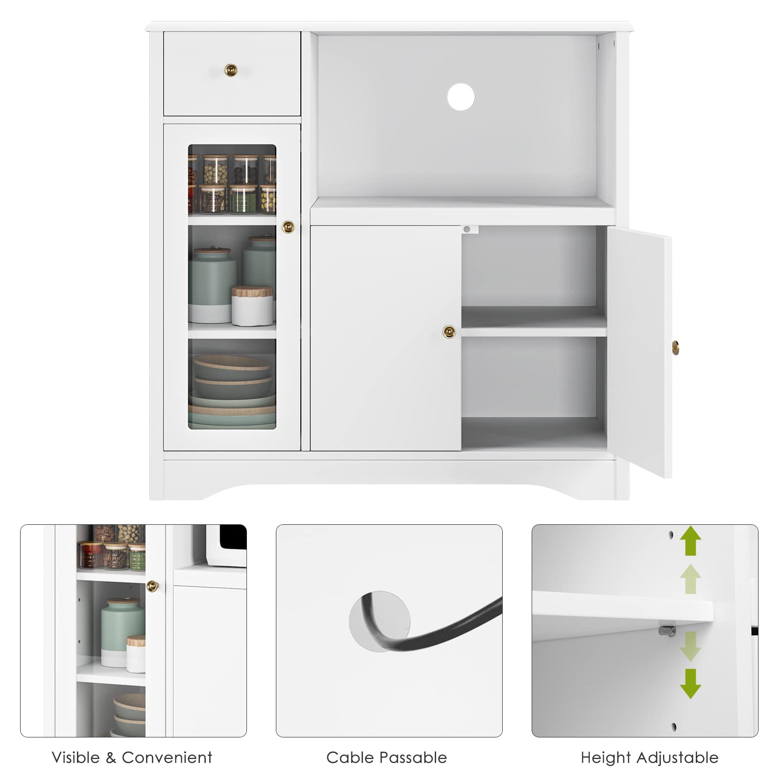 HOCSOK Credenza Microonde Cucina, Credenza Soggiorno Moderno, Armadietto da Terra con 3 Ante, adatto per Cucina, Soggiorno, Bianco, 90x40x82cm