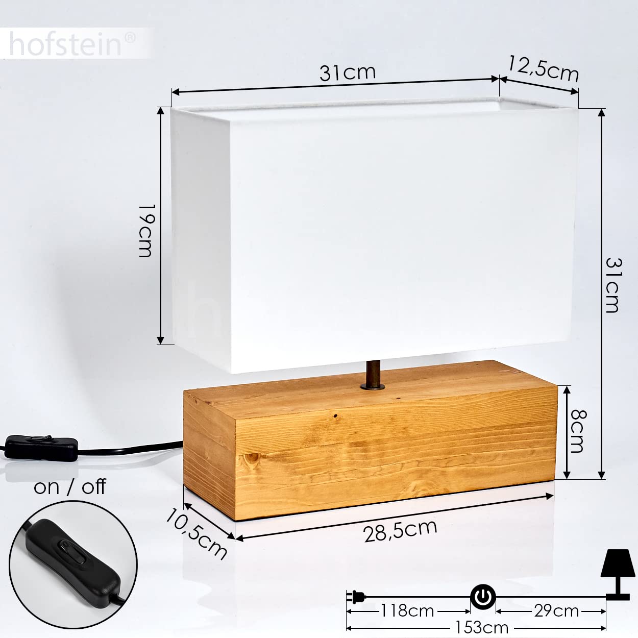 Lampada da tavolo Ginevra, lampada da comodino in legno/tessuto in bianco/natura, 1 luce, in design scandinavo, 1 x E27, lunghezza 30 cm, lampada con interruttore on/off sul cavo, senza lampadina/e