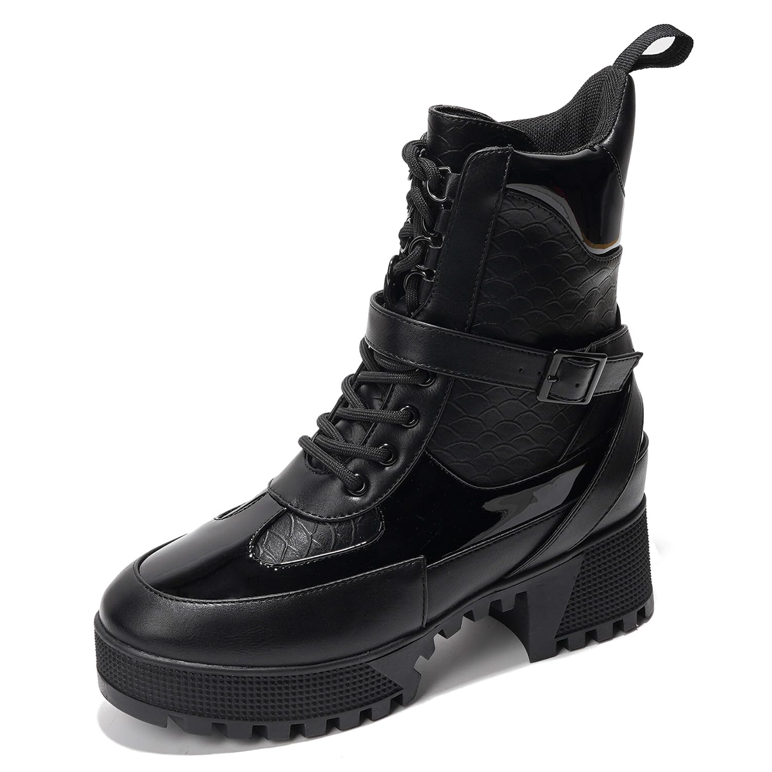 Lace Up Stacked Heel Combat Boots Womens Chunky Heel Combat Boots