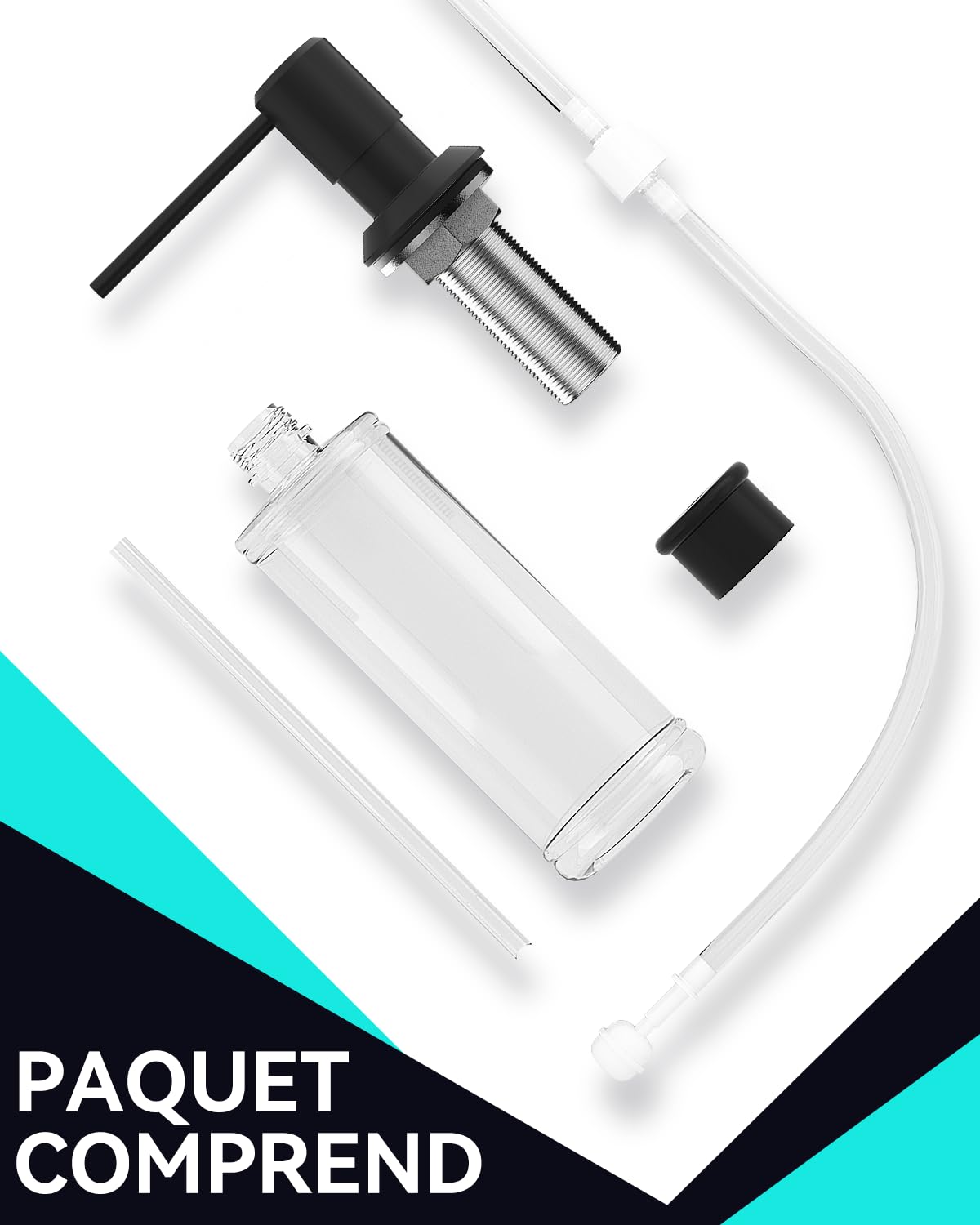 Distributeur Savon Encastrable Noir, Distributeur Savon Cuisine pour Évier, Distributeur Liquide Vaisselle avec Bouteille 300 ML et Tuyau de 1,2 M, Distributeur de Savon en Cuivre, Écrou Métal