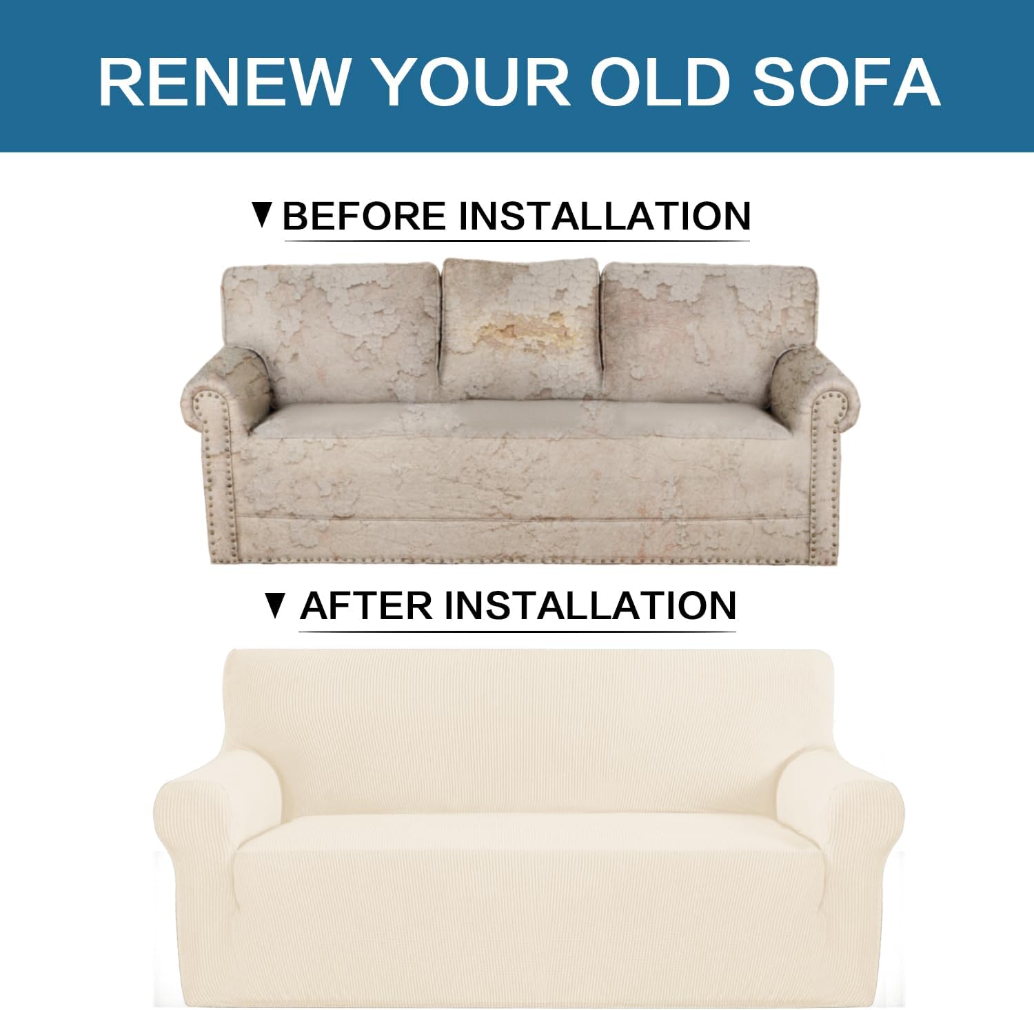 H.VERSAILTEX Stretch Couch Covers for Sofa 1 Piece Slipcovers for Couches and Sofas 3 Seater Couch Cover Feature Thick Checked Jacquard Fabric with Elastic Bottom, 72"-88" Wide, Cream 3